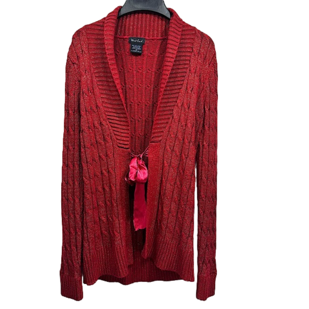 West End Red with Gold Filament Ribbon Tie Cable Knit Cardigan Size Medium
